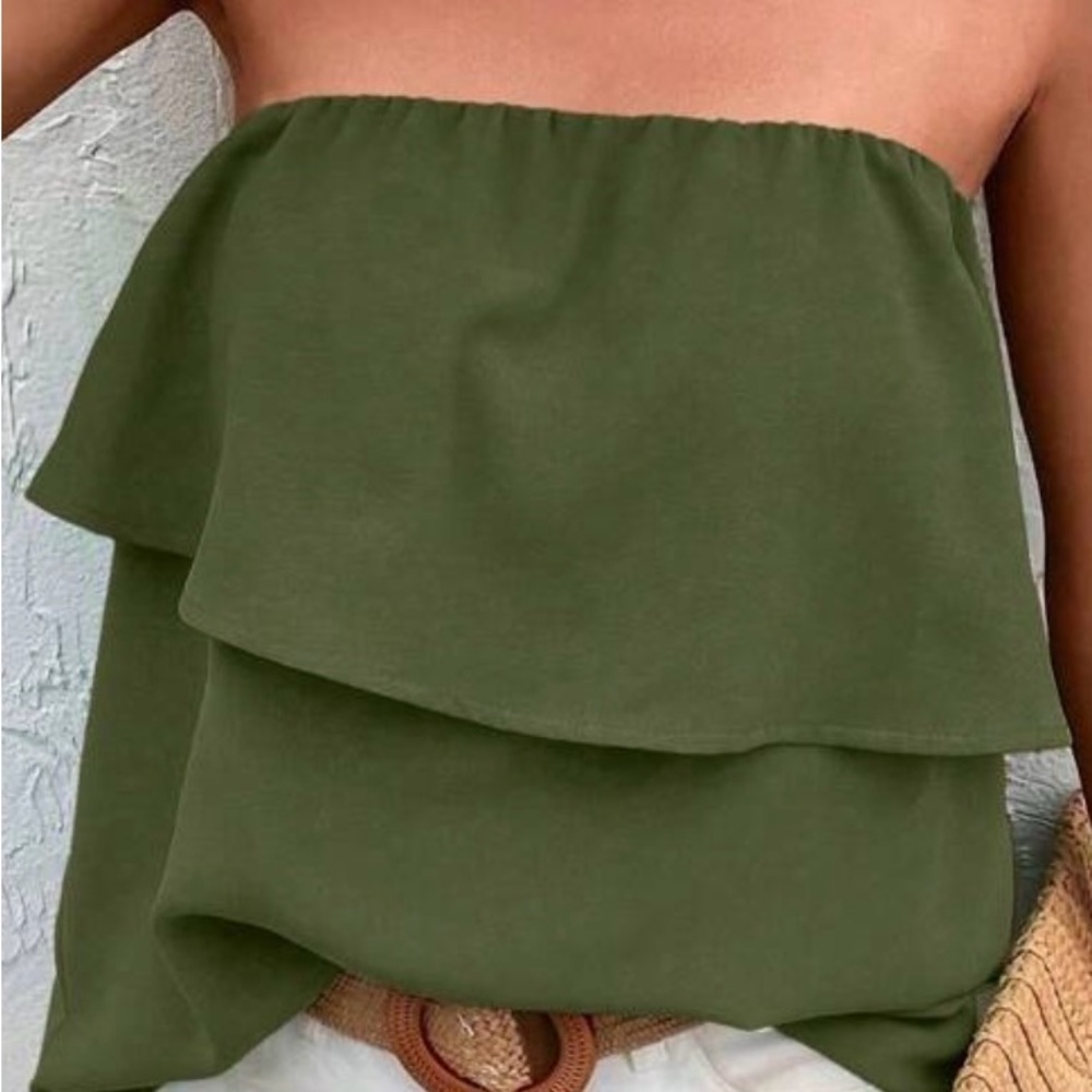 Green Strapless Ruffle Top